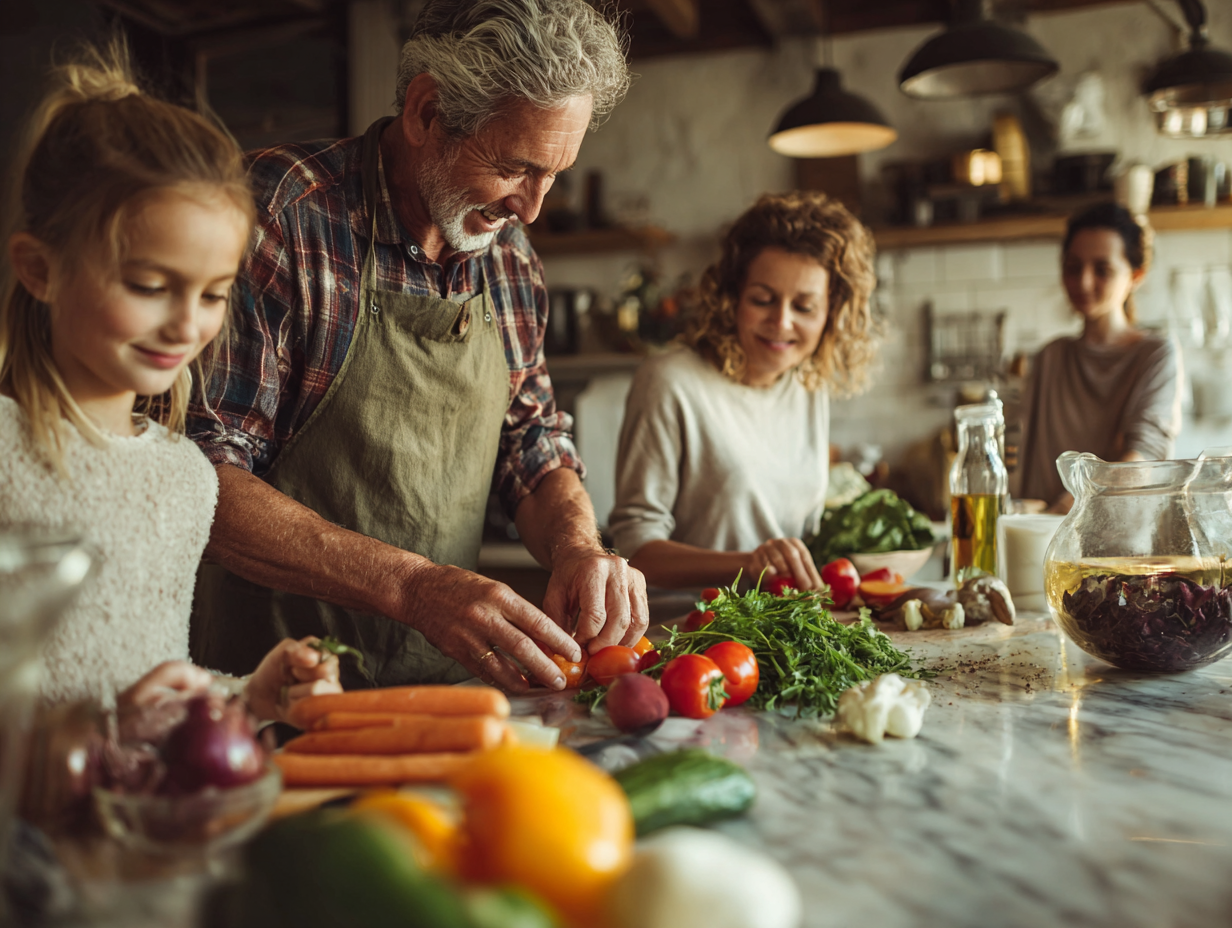 Сім'я готує здорову їжу разом на кухні